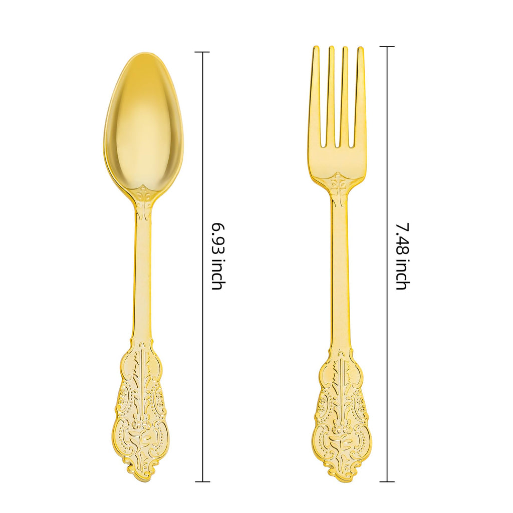 N9R 200PCS Gold Spoons and Forks Set, Heavy Duty Gold Plastic Silverware Set Fancy Disposable Utensils for Parties, Elegant Cutlery Sets for Wedding, Birthday(100 Forks & 100 Spoons)