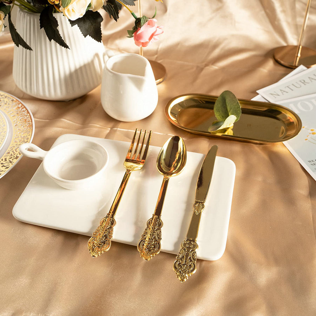 N9R 200PCS Gold Spoons and Forks Set, Heavy Duty Gold Plastic Silverware Set Fancy Disposable Utensils for Parties, Elegant Cutlery Sets for Wedding, Birthday(100 Forks & 100 Spoons)