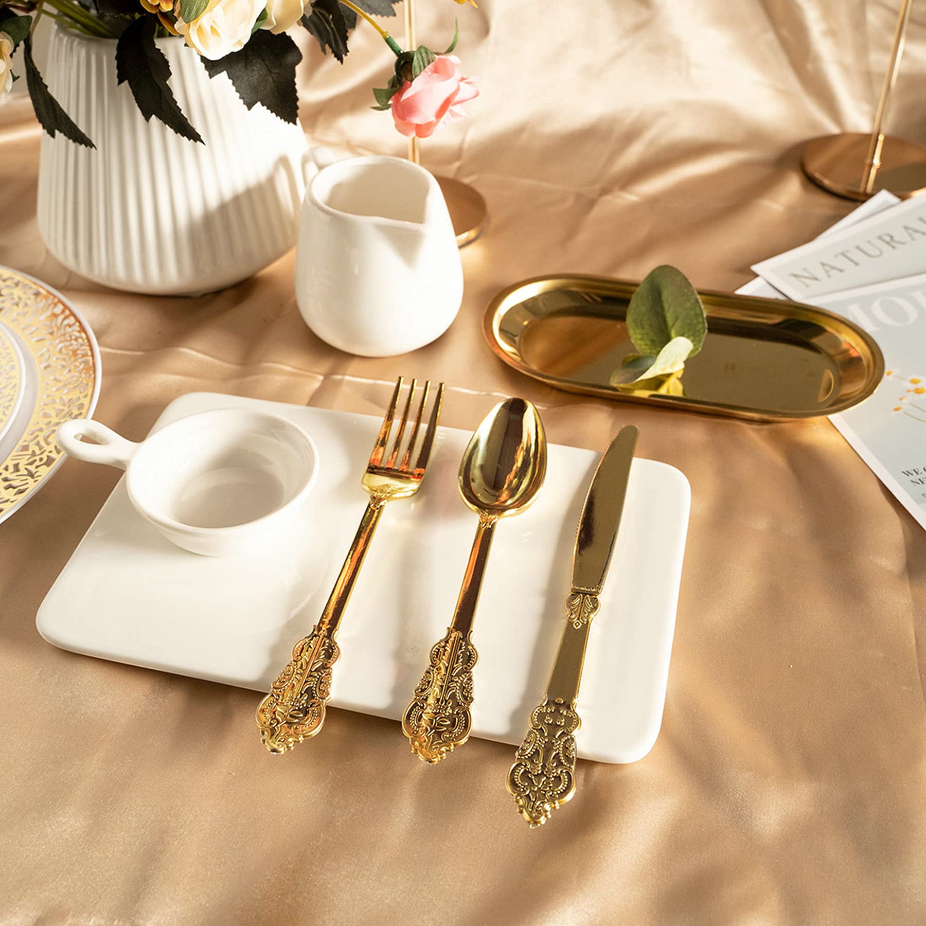 N9R 200PCS Gold Spoons and Forks Set, Heavy Duty Gold Plastic Silverware Set Fancy Disposable Utensils for Parties, Elegant Cutlery Sets for Wedding, Birthday(100 Forks & 100 Spoons)