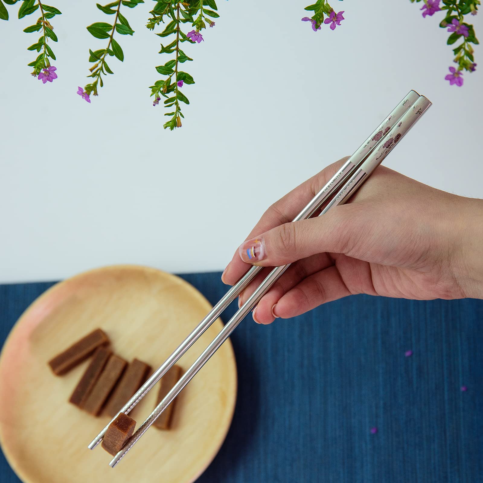 Reusable Chopstick and Spoon Set, Korean Long Handle Stainless Steel Spoon and Chopsticks Set, Dishwasher Safe Metal Chop sticks, Set of 3. (Multi-patterned)