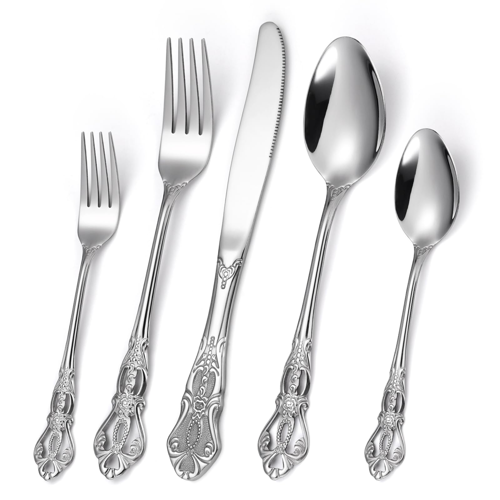 Gorgeous Retro Royal Silverware Set For 4,OIULO Stainless Steel 20-Piece Fine Vintage Flatware Set Service 4,Anti-rust Fork Spoon Knife,Antique Baroque Cutlery Utensils,Mirror Finish,Dishwasher Safe