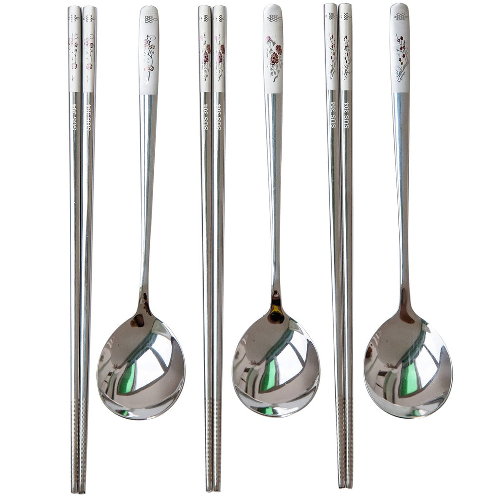 Reusable Chopstick and Spoon Set, Korean Long Handle Stainless Steel Spoon and Chopsticks Set, Dishwasher Safe Metal Chop sticks, Set of 3. (Multi-patterned)