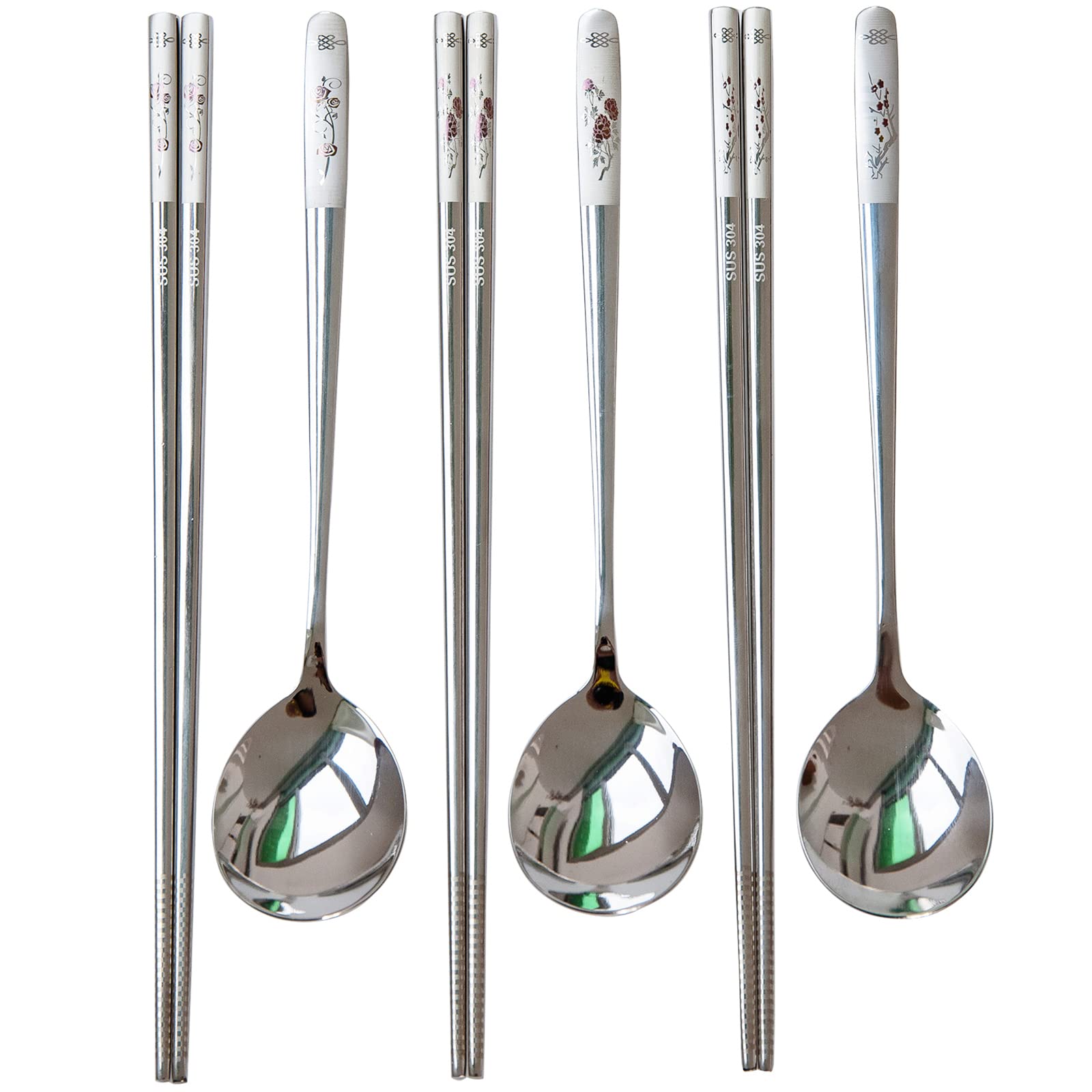 Reusable Chopstick and Spoon Set, Korean Long Handle Stainless Steel Spoon and Chopsticks Set, Dishwasher Safe Metal Chop sticks, Set of 3. (Multi-patterned)