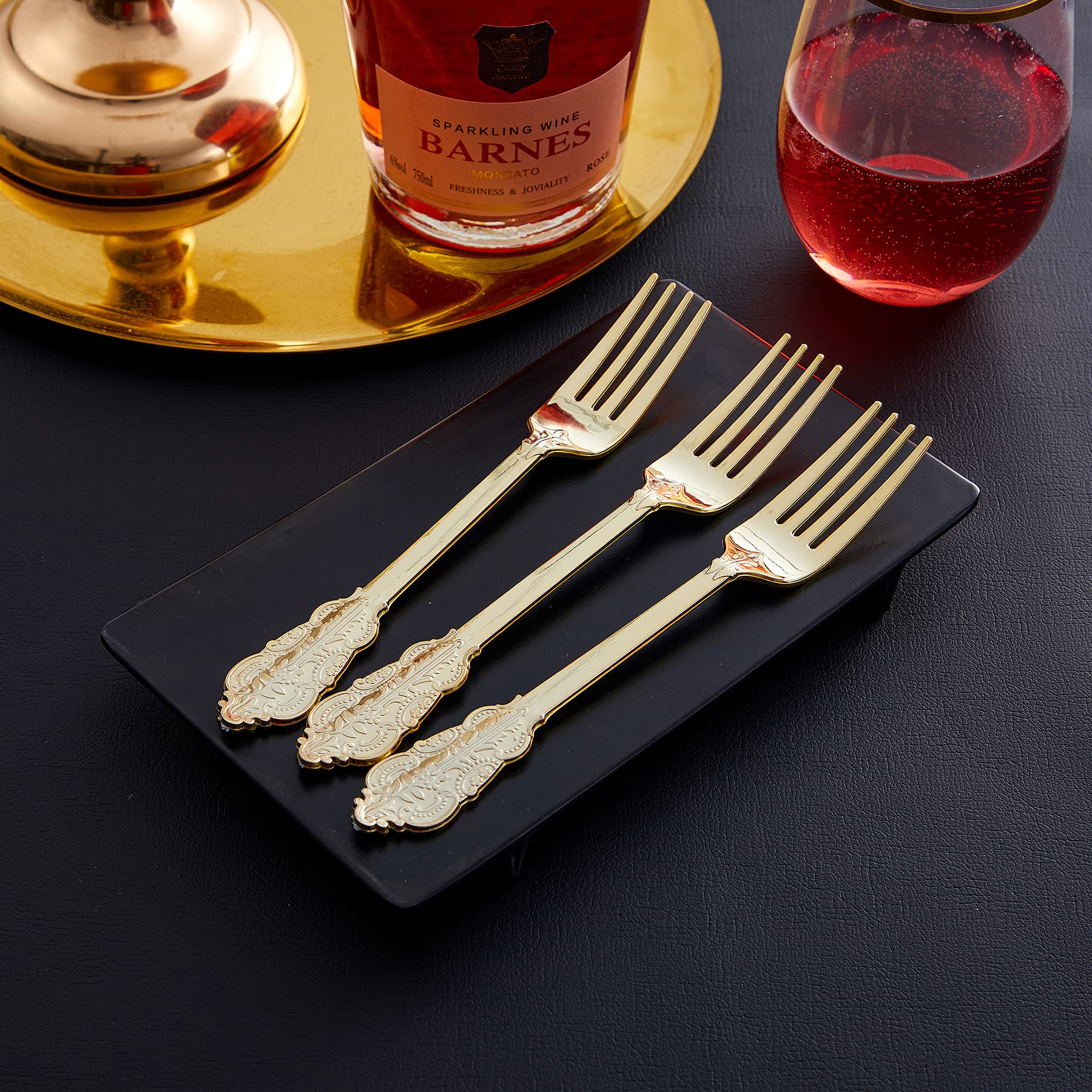 N9R 200PCS Gold Spoons and Forks Set, Heavy Duty Gold Plastic Silverware Set Fancy Disposable Utensils for Parties, Elegant Cutlery Sets for Wedding, Birthday(100 Forks & 100 Spoons)