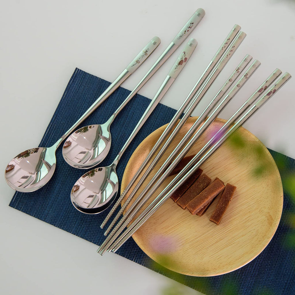 Reusable Chopstick and Spoon Set, Korean Long Handle Stainless Steel Spoon and Chopsticks Set, Dishwasher Safe Metal Chop sticks, Set of 3. (Multi-patterned)