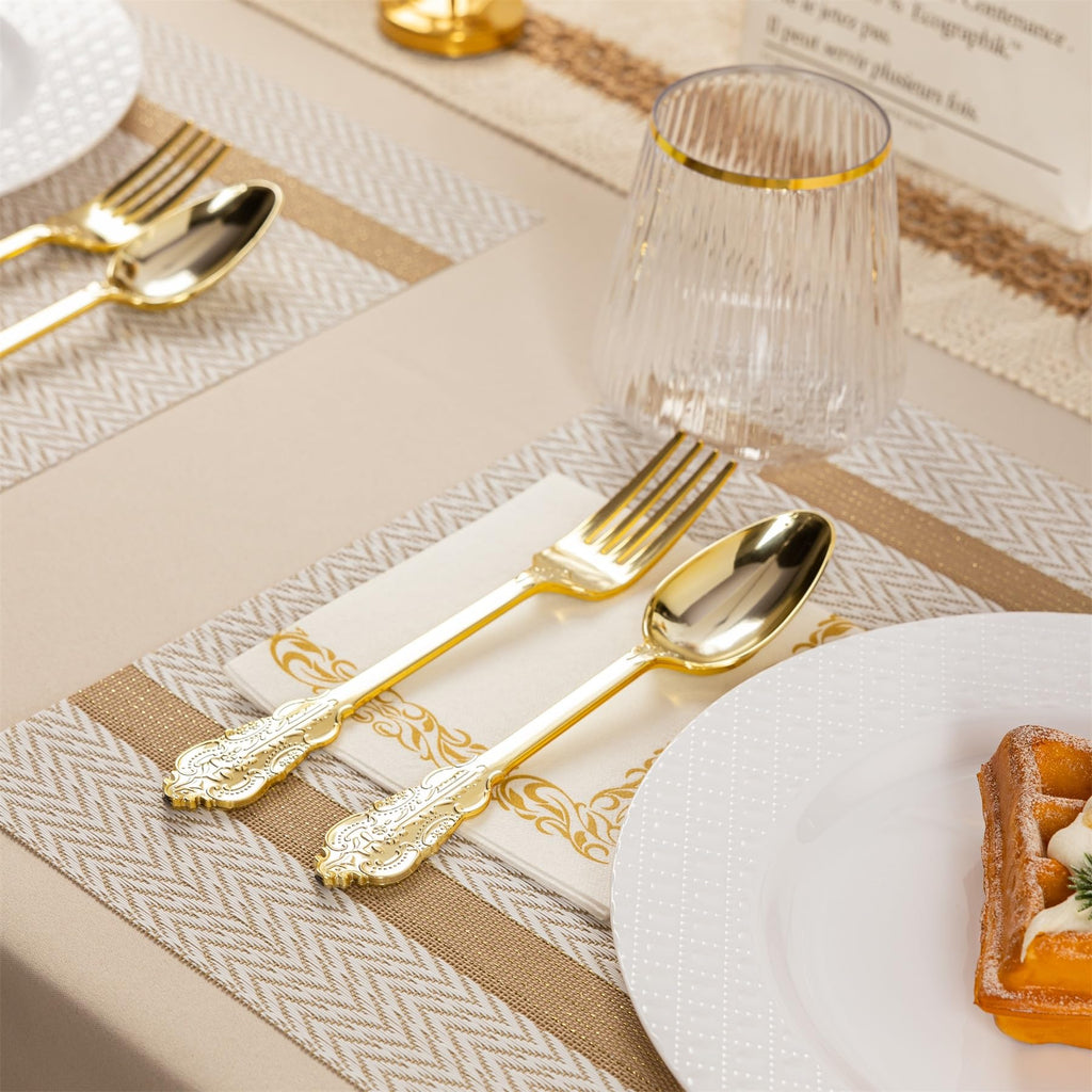 N9R 200PCS Gold Spoons and Forks Set, Heavy Duty Gold Plastic Silverware Set Fancy Disposable Utensils for Parties, Elegant Cutlery Sets for Wedding, Birthday(100 Forks & 100 Spoons)