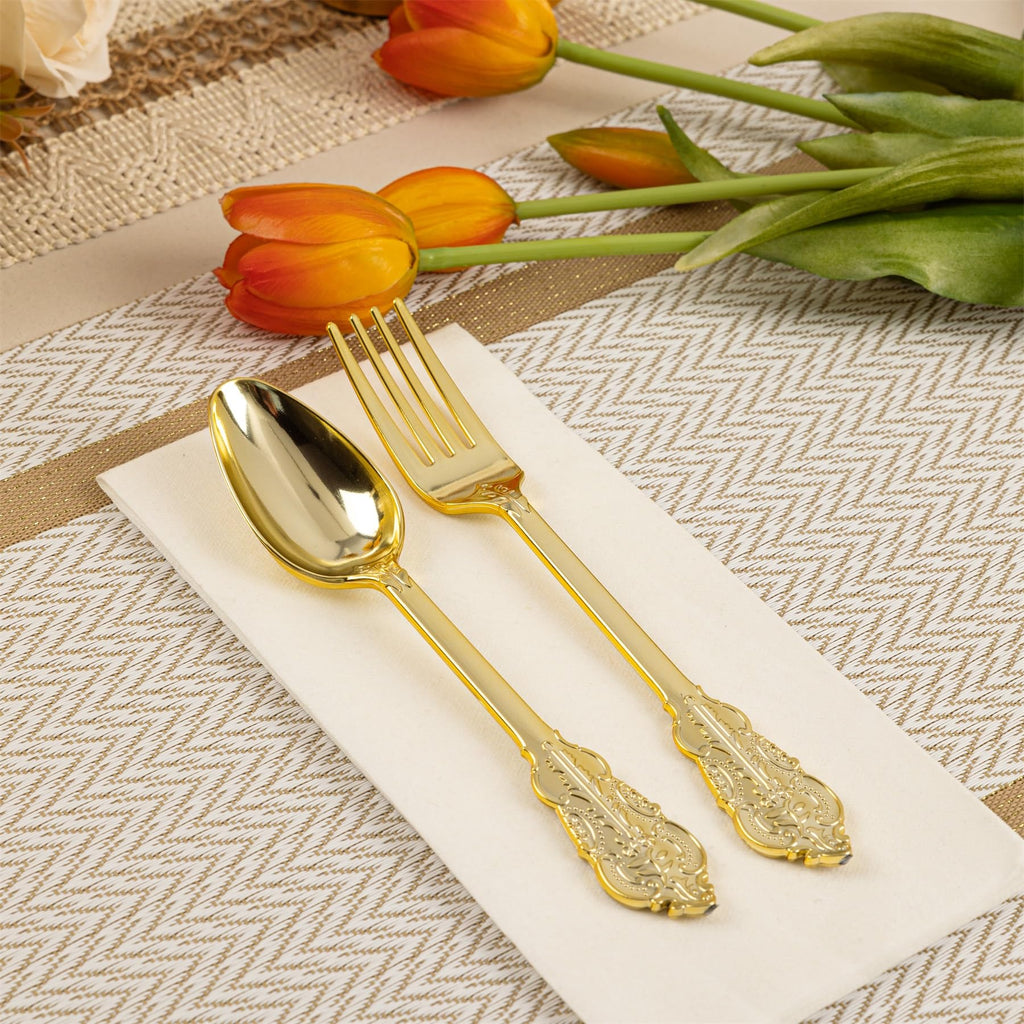 N9R 200PCS Gold Spoons and Forks Set, Heavy Duty Gold Plastic Silverware Set Fancy Disposable Utensils for Parties, Elegant Cutlery Sets for Wedding, Birthday(100 Forks & 100 Spoons)