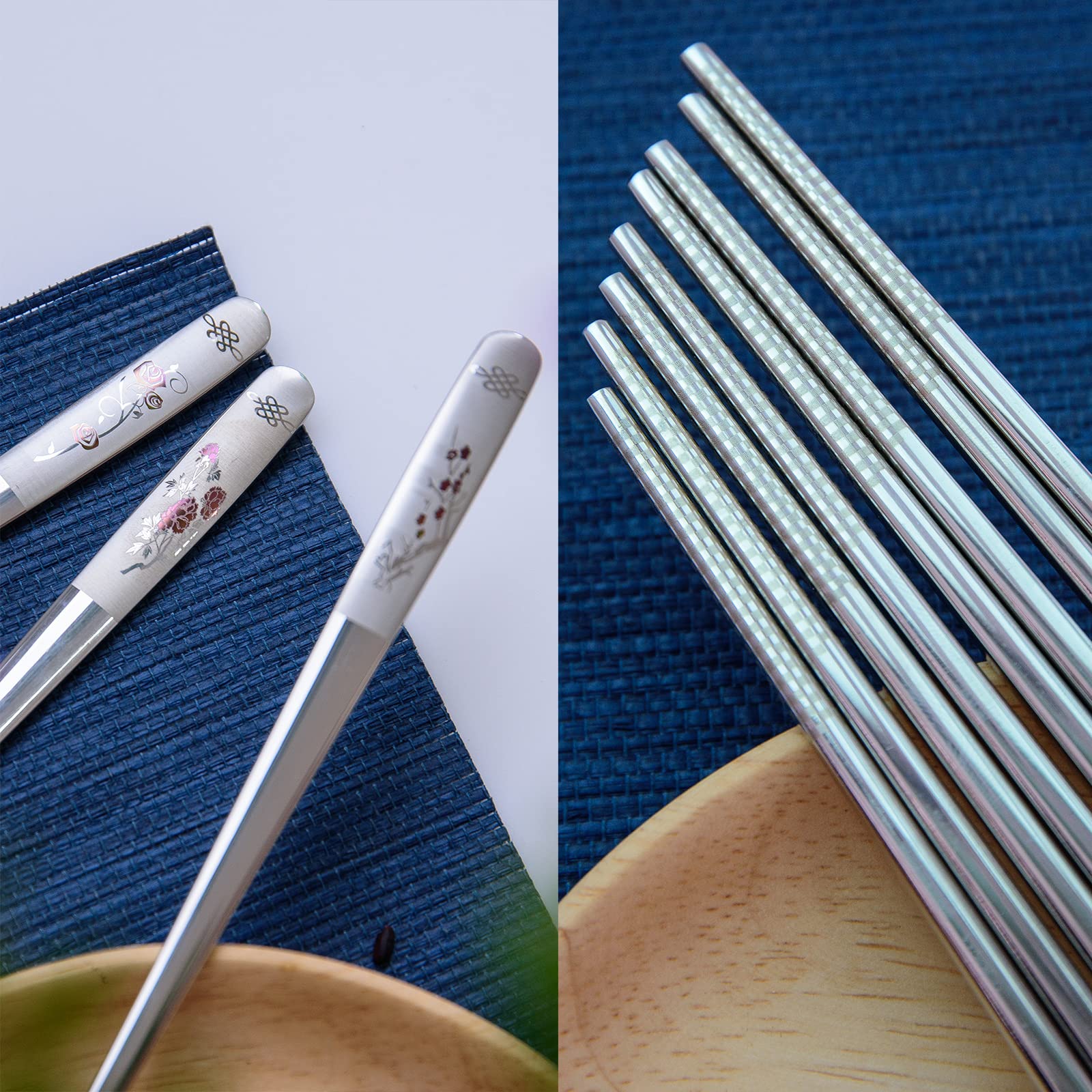 Reusable Chopstick and Spoon Set, Korean Long Handle Stainless Steel Spoon and Chopsticks Set, Dishwasher Safe Metal Chop sticks, Set of 3. (Multi-patterned)